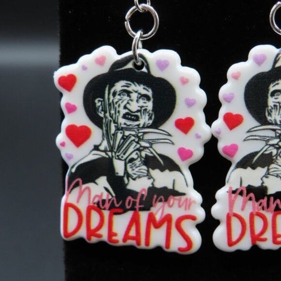 Freddy Krueger Man of Your Dreams Heart Love Valentine Horror Movie Earrings - Picture 2 of 5